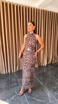 Leopar Desenli Halter Yaka Gold Tokalı Midi Boy Elbise