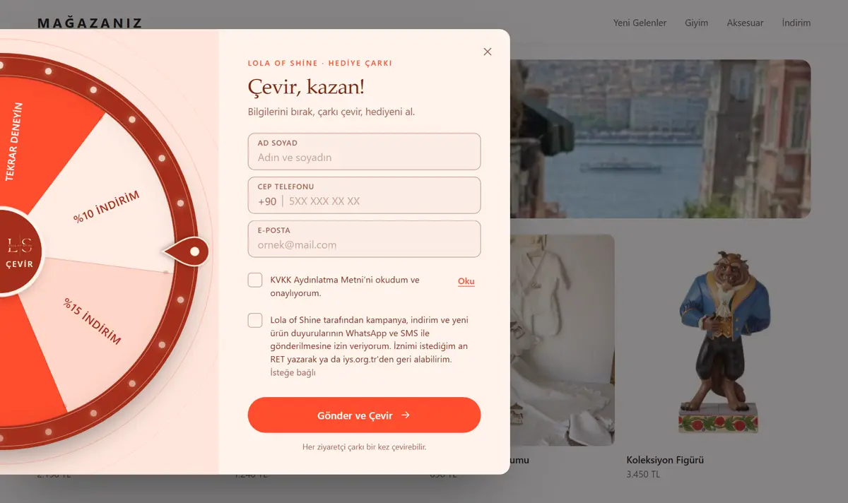 Örnek mağazada açılan hediye çarkı ve iletişim formu