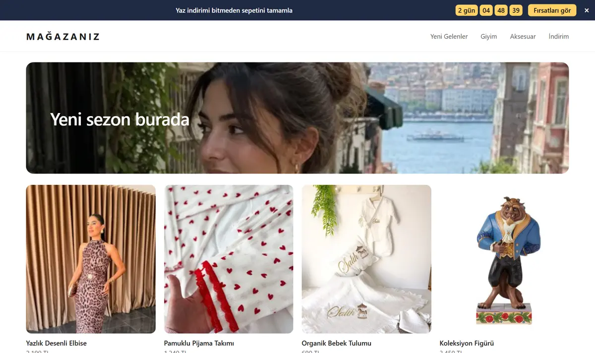 Sayfanın üstünde canlı geri sayımlı duyuru şeridi