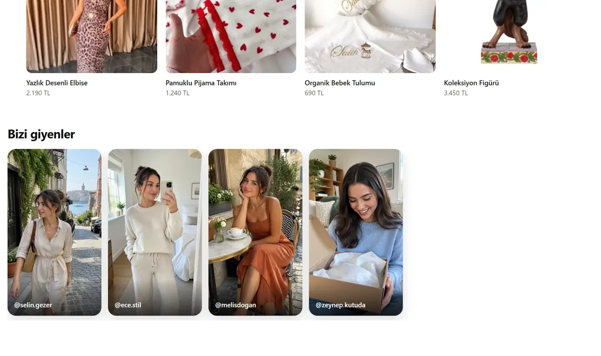 Mağaza sayfasında influencer fotoğraflarından oluşan kaydırmalı şerit