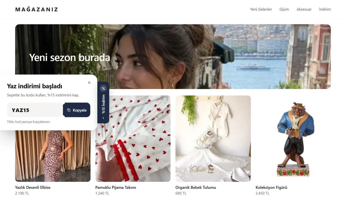 Ekran kenarından açılan indirim kodu paneli