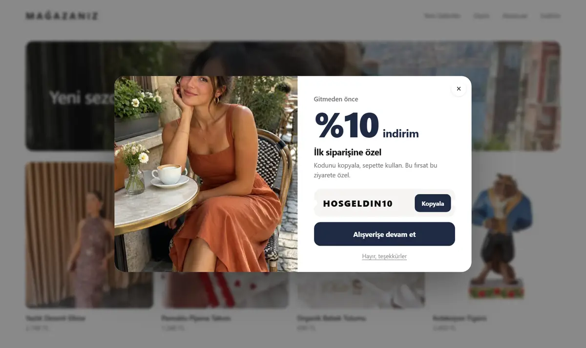Siteden çıkarken beliren yüzde on indirim penceresi